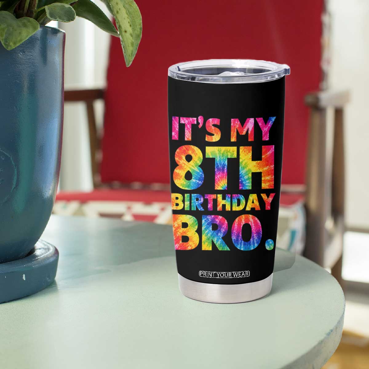 It is My 8th Birthday Bro Printed Tie Dye Graphic Tumbler Cup 8 Years Old Bday Party Retro Hippie Rainbow