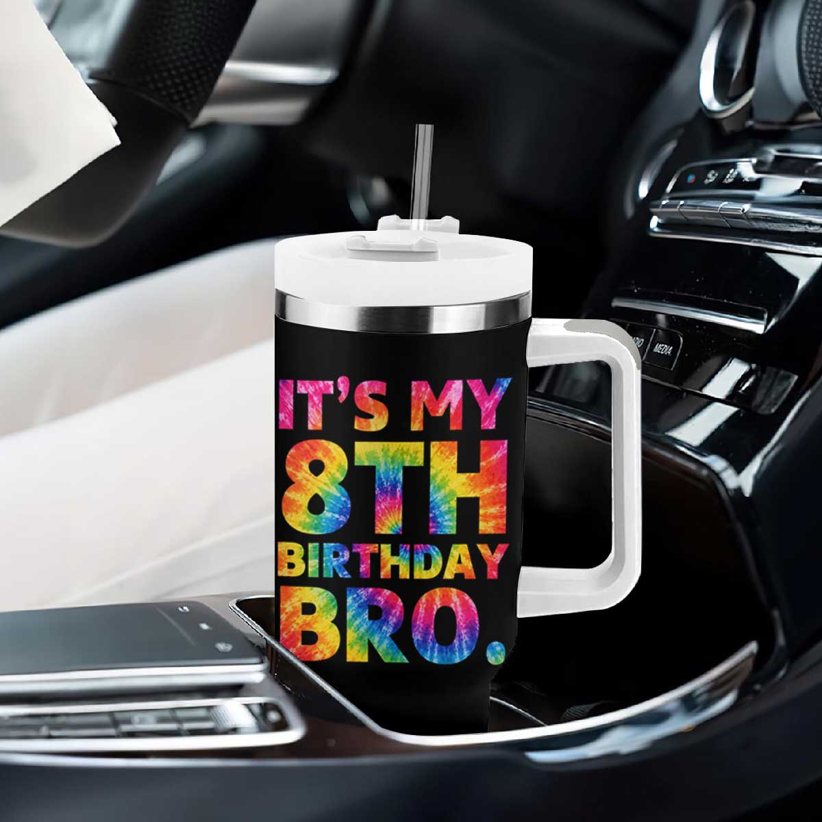It is My 8th Birthday Bro Printed Tie Dye Graphic Tumbler With Handle 8 Years Old Bday Party Retro Hippie Rainbow