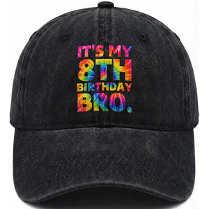 It is My 8th Birthday Bro Printed Tie Dye Graphic Washed Cotton Baseball Cap 8 Years Old Bday Party Retro Hippie Rainbow
