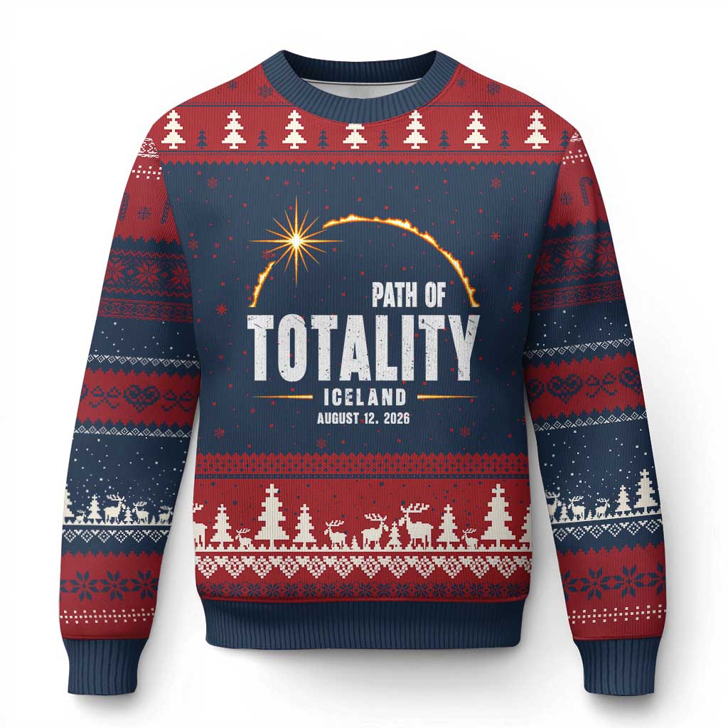 Path of Totality Iceland August 12 2026 Ugly Christmas Sweater Total Solar Eclipse Astronomy Travel Gift TS02 Navy Red Print Your Wear