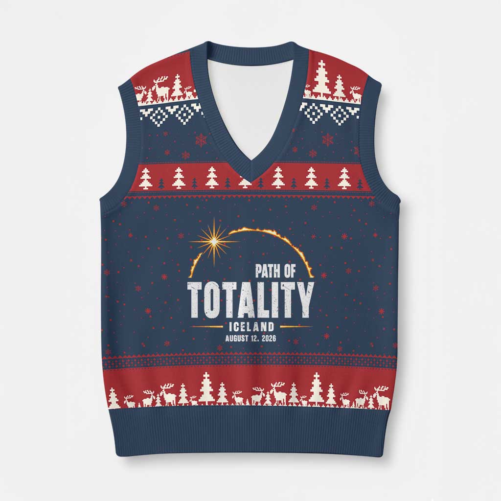 Path of Totality Iceland August 12 2026 V-Neck Knit Sweater Vest Total Solar Eclipse Astronomy Travel Gift TS02 Navy Red Print Your Wear