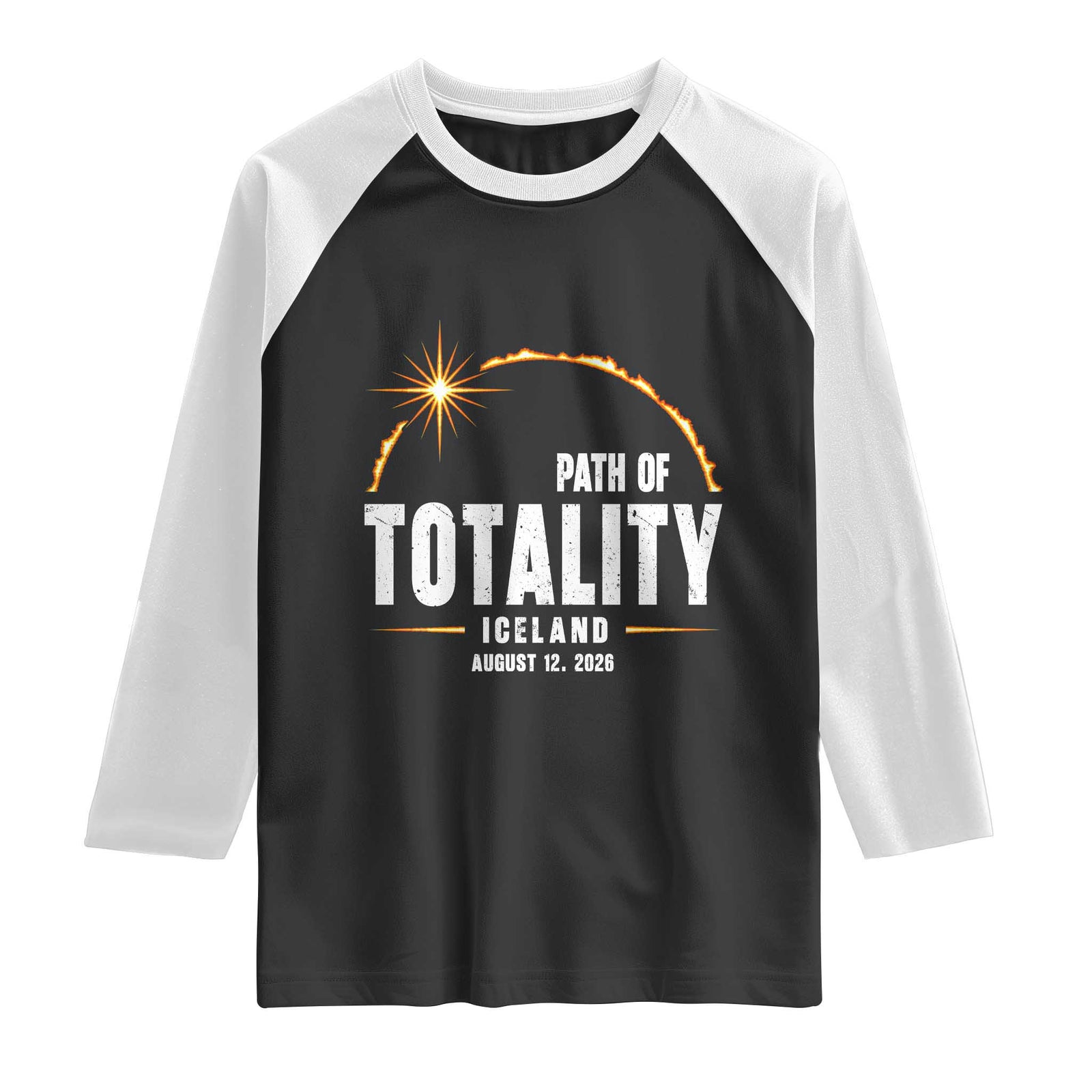 Path of Totality Iceland August 12 2026 Raglan Shirt Total Solar Eclipse Astronomy Travel Gift TS02 Black White Print Your Wear