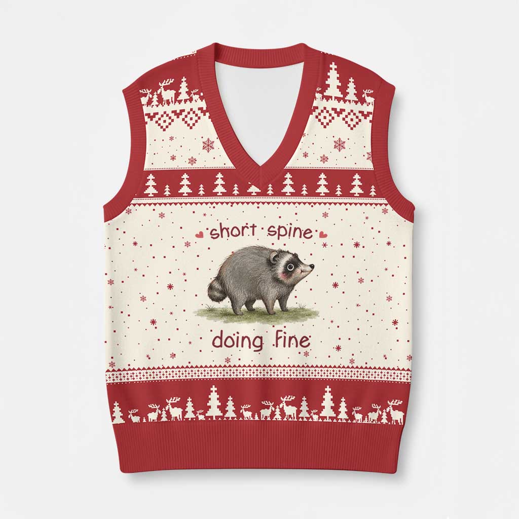 Cute Watercolor Jimothy the Raccoon Inspirational V-Neck Knit Sweater Vest Short Spine Doing Fine Viral Seattle Trash Panda Supporter TS02 Beige Red Print Your Wear