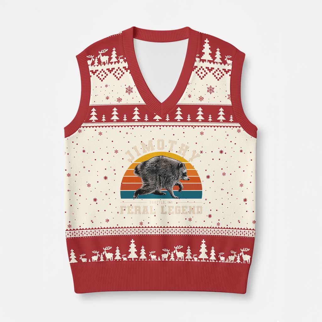 Jimothy from Seattle WA Feral Legend Raccoon V-Neck Knit Sweater Vest Viral Trash Panda Vintage Sunset Arch Graphic TS02 Beige Red Print Your Wear