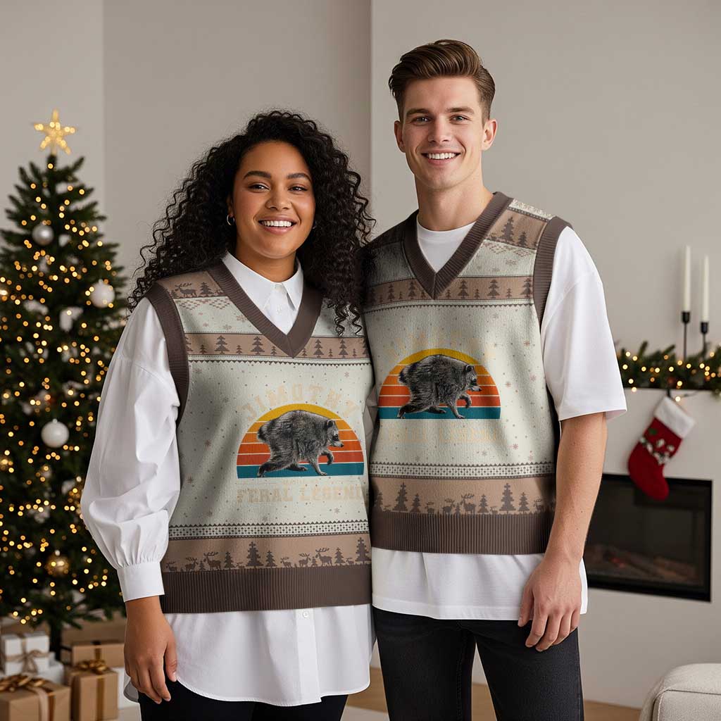 Jimothy from Seattle WA Feral Legend Raccoon V-Neck Knit Sweater Vest Viral Trash Panda Vintage Sunset Arch Graphic