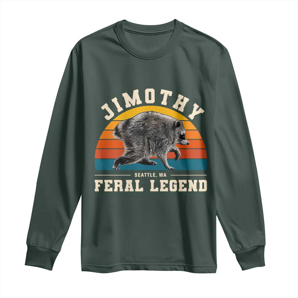 Jimothy from Seattle WA Feral Legend Raccoon Long Sleeve Shirt Viral Trash Panda Vintage Sunset Arch Graphic TS02 Dark Forest Green Print Your Wear