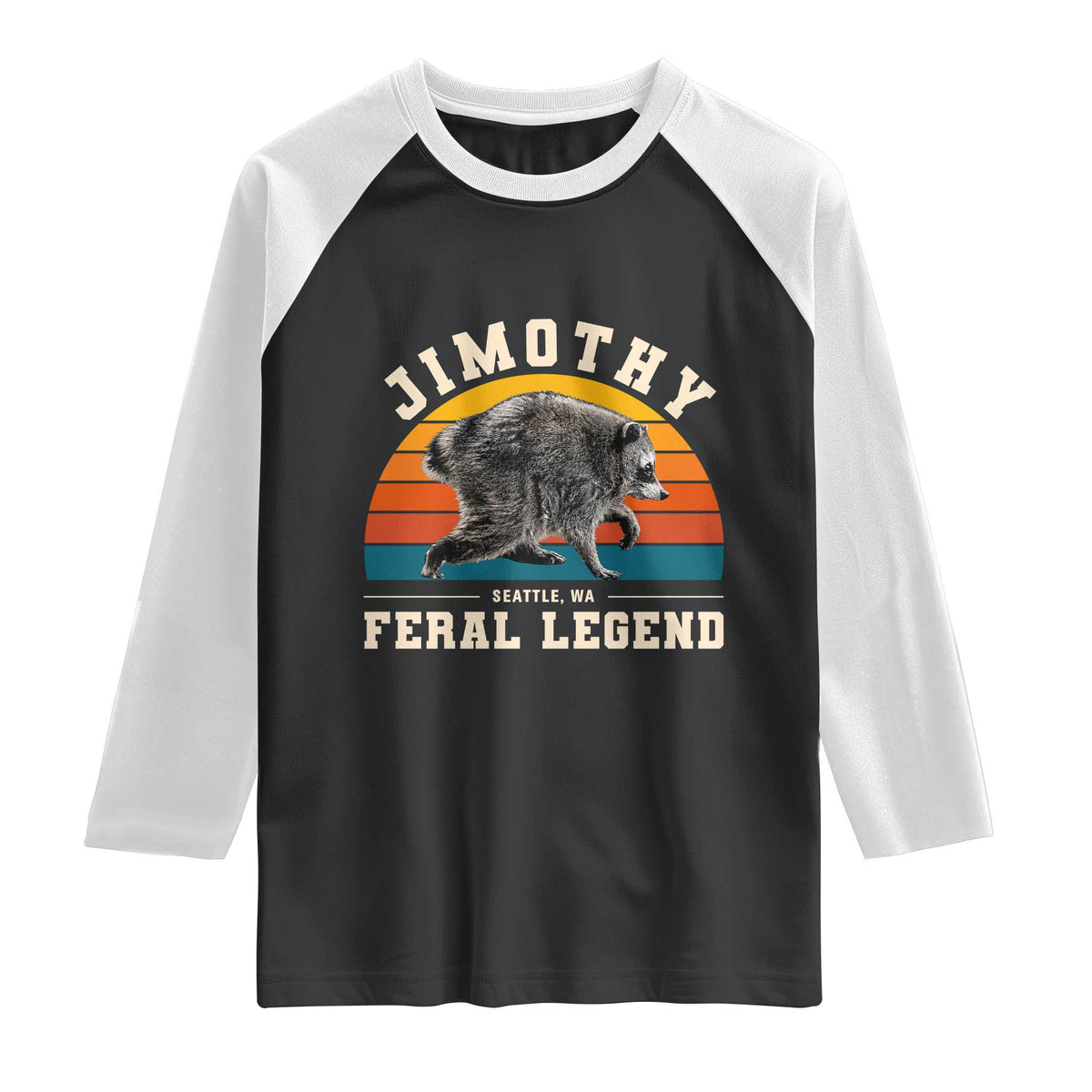 Jimothy from Seattle WA Feral Legend Raccoon Raglan Shirt Viral Trash Panda Vintage Sunset Arch Graphic