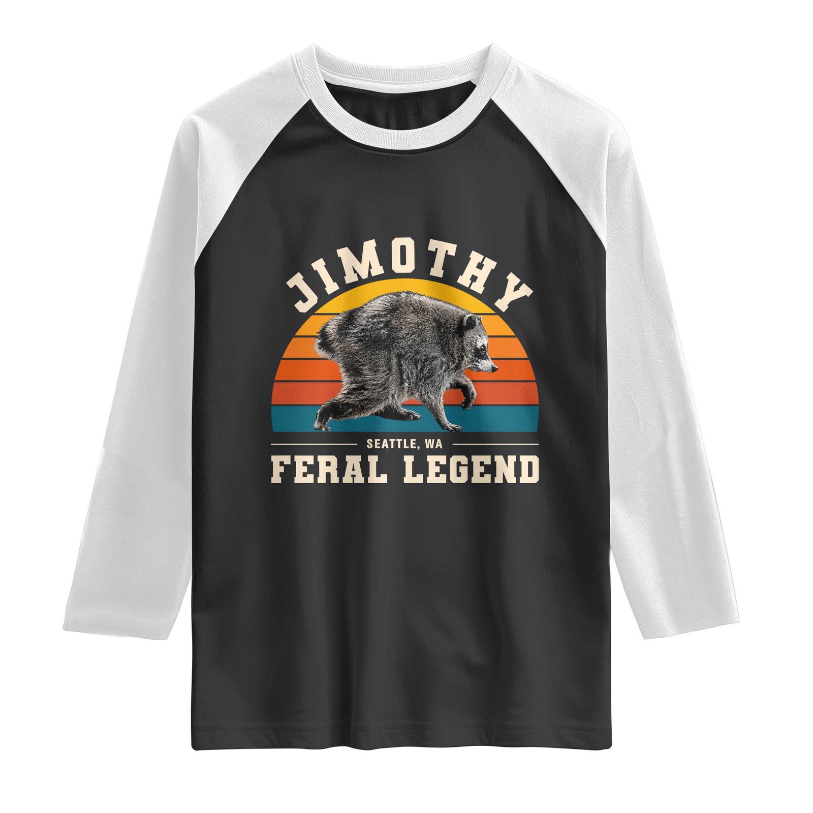 Jimothy from Seattle WA Feral Legend Raccoon Raglan Shirt Viral Trash Panda Vintage Sunset Arch Graphic TS02 Black White Print Your Wear