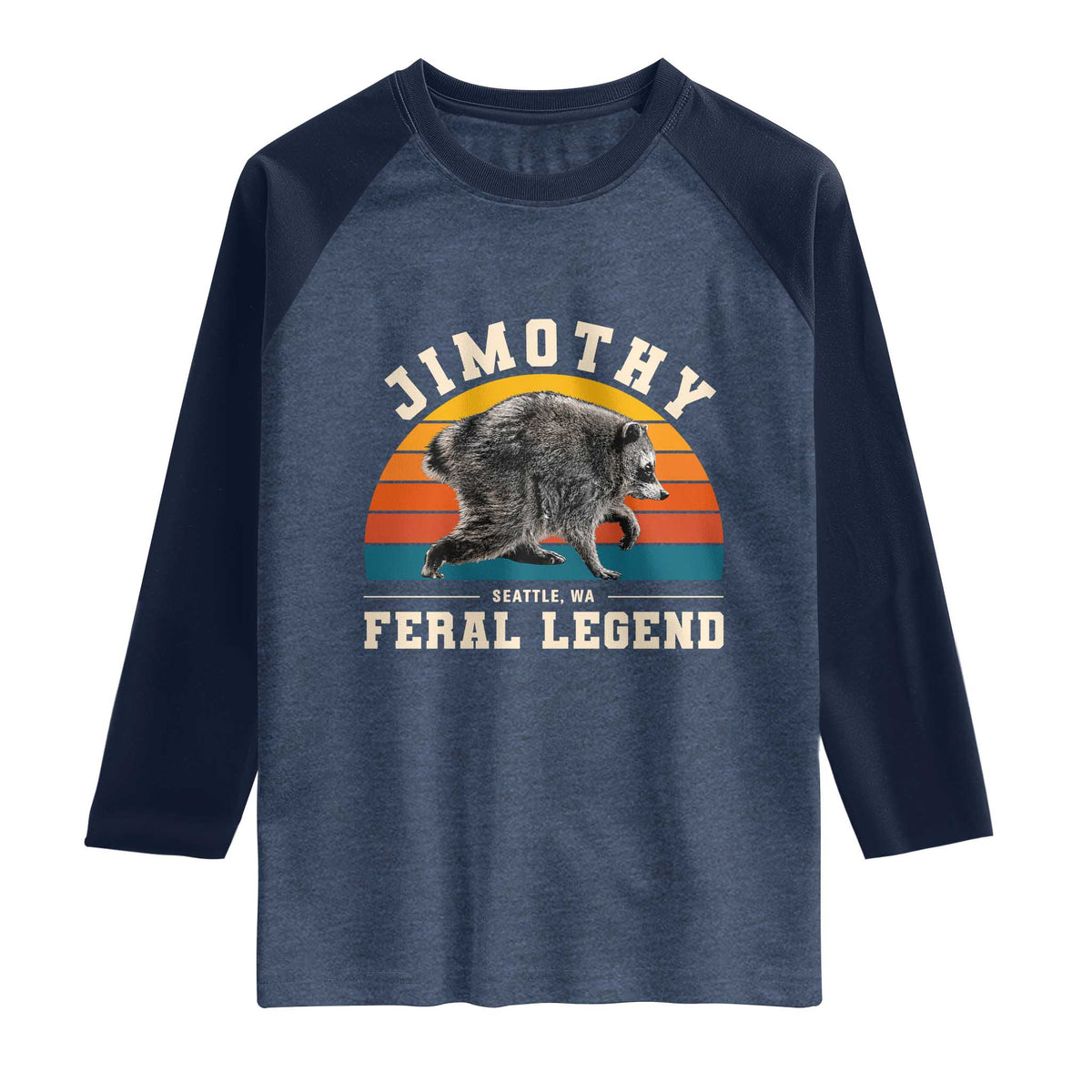 Jimothy from Seattle WA Feral Legend Raccoon Raglan Shirt Viral Trash Panda Vintage Sunset Arch Graphic