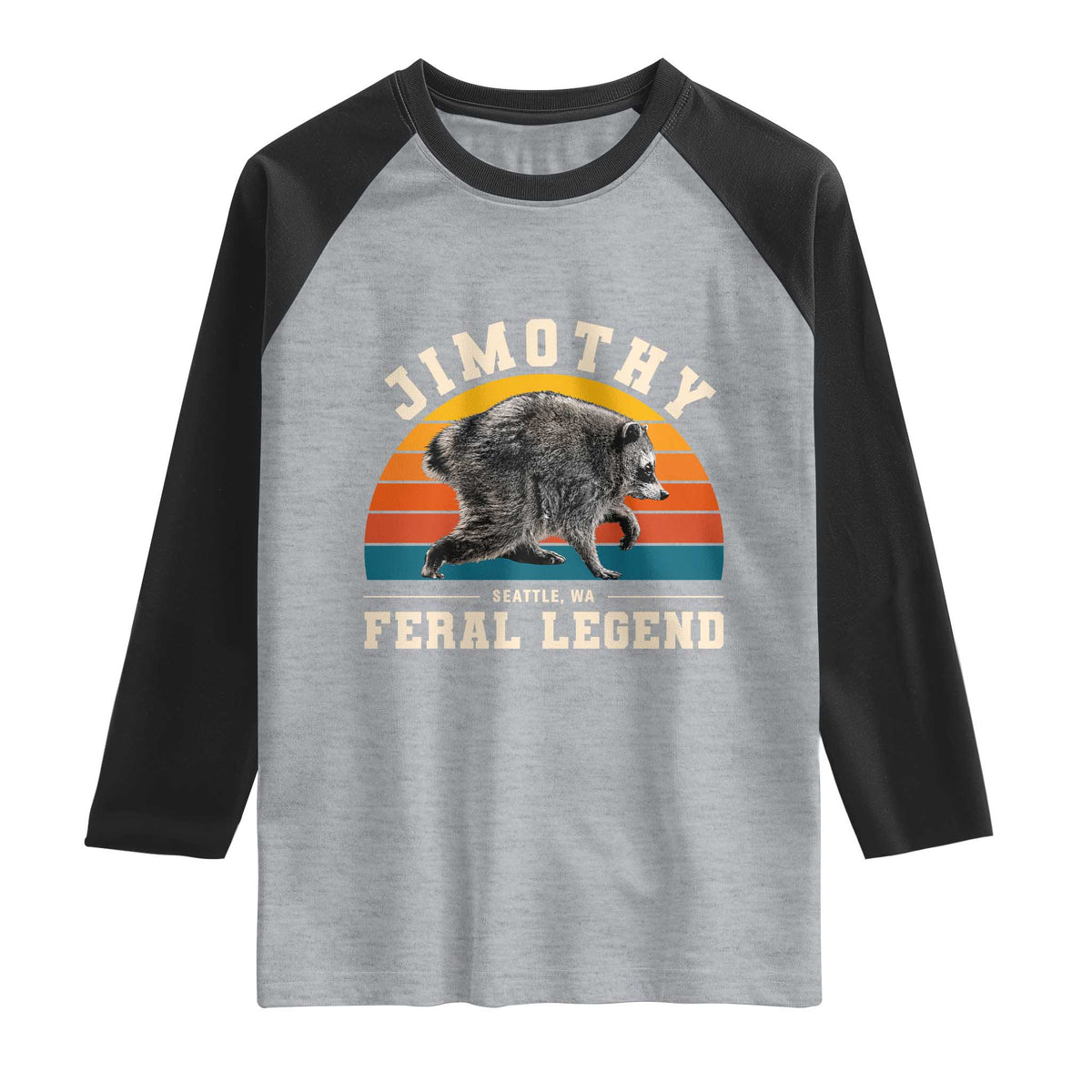 Jimothy from Seattle WA Feral Legend Raccoon Raglan Shirt Viral Trash Panda Vintage Sunset Arch Graphic