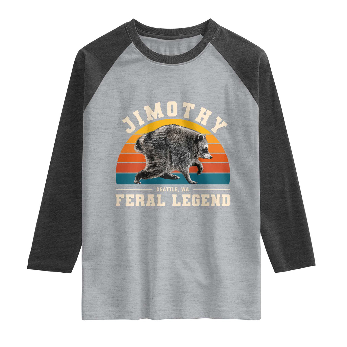 Jimothy from Seattle WA Feral Legend Raccoon Raglan Shirt Viral Trash Panda Vintage Sunset Arch Graphic