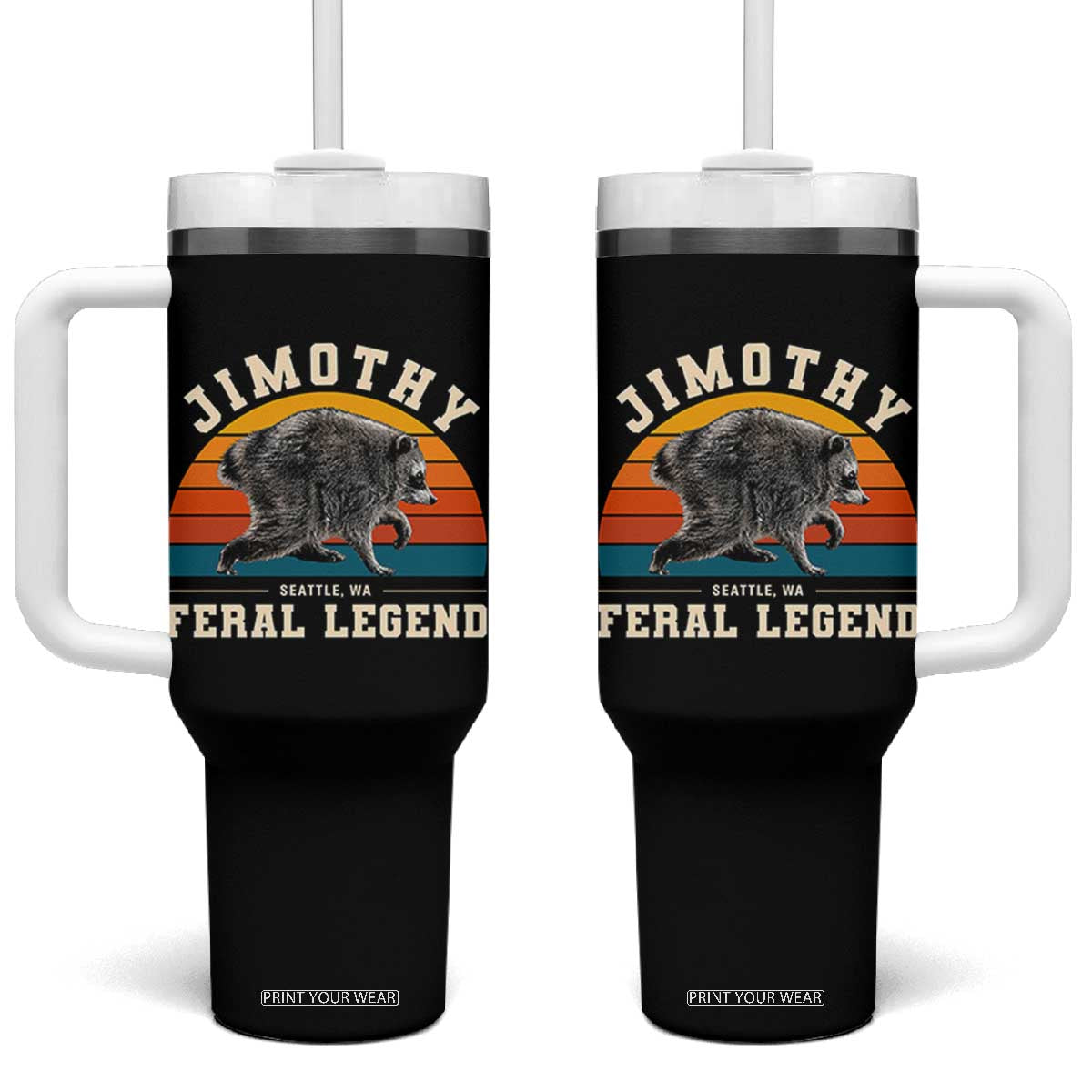 Jimothy from Seattle WA Feral Legend Raccoon Tumbler With Handle Viral Trash Panda Vintage Sunset Arch Graphic