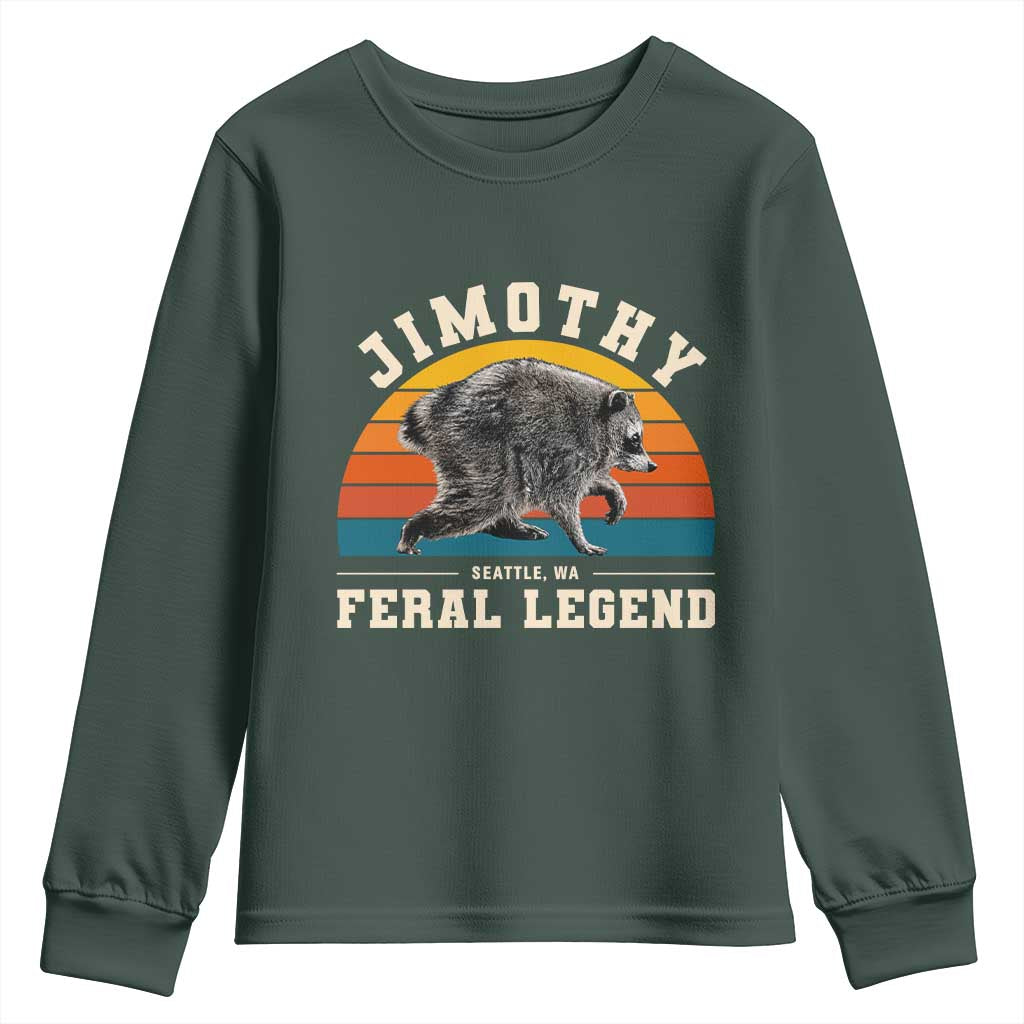 Jimothy from Seattle WA Feral Legend Raccoon Youth Sweatshirt Viral Trash Panda Vintage Sunset Arch Graphic TS02 Dark Forest Green Print Your Wear