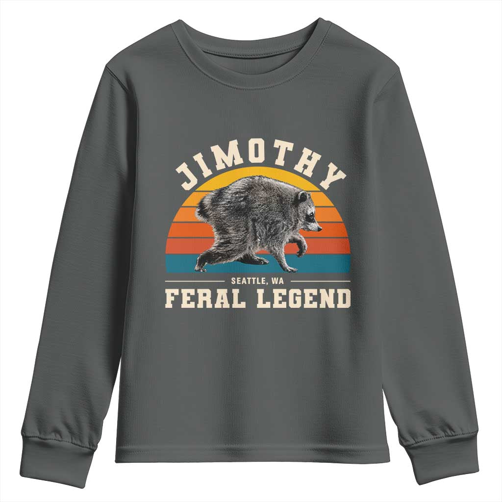 Jimothy from Seattle WA Feral Legend Raccoon Youth Sweatshirt Viral Trash Panda Vintage Sunset Arch Graphic TS02 Dark Heather Print Your Wear