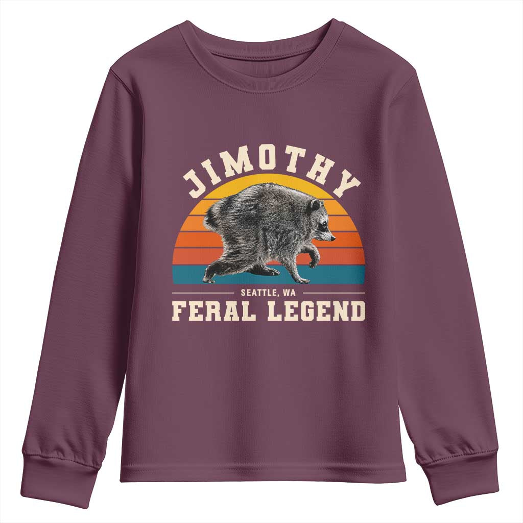 Jimothy from Seattle WA Feral Legend Raccoon Youth Sweatshirt Viral Trash Panda Vintage Sunset Arch Graphic TS02 Maroon Print Your Wear