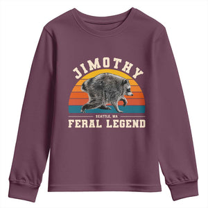 Jimothy from Seattle WA Feral Legend Raccoon Youth Sweatshirt Viral Trash Panda Vintage Sunset Arch Graphic TS02 Maroon Print Your Wear