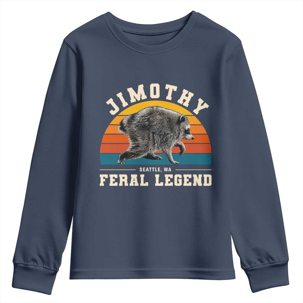 Jimothy from Seattle WA Feral Legend Raccoon Youth Sweatshirt Viral Trash Panda Vintage Sunset Arch Graphic TS02 Navy Print Your Wear