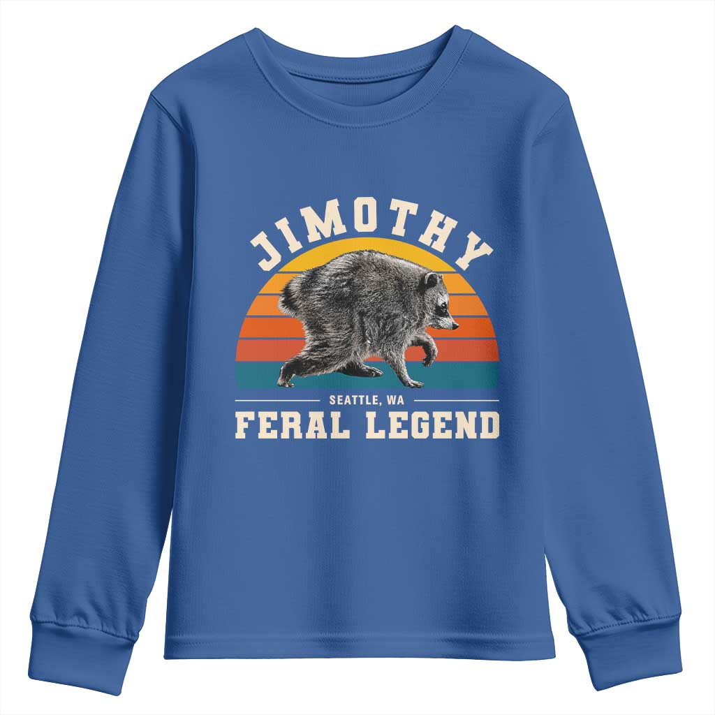 Jimothy from Seattle WA Feral Legend Raccoon Youth Sweatshirt Viral Trash Panda Vintage Sunset Arch Graphic TS02 Royal Blue Print Your Wear