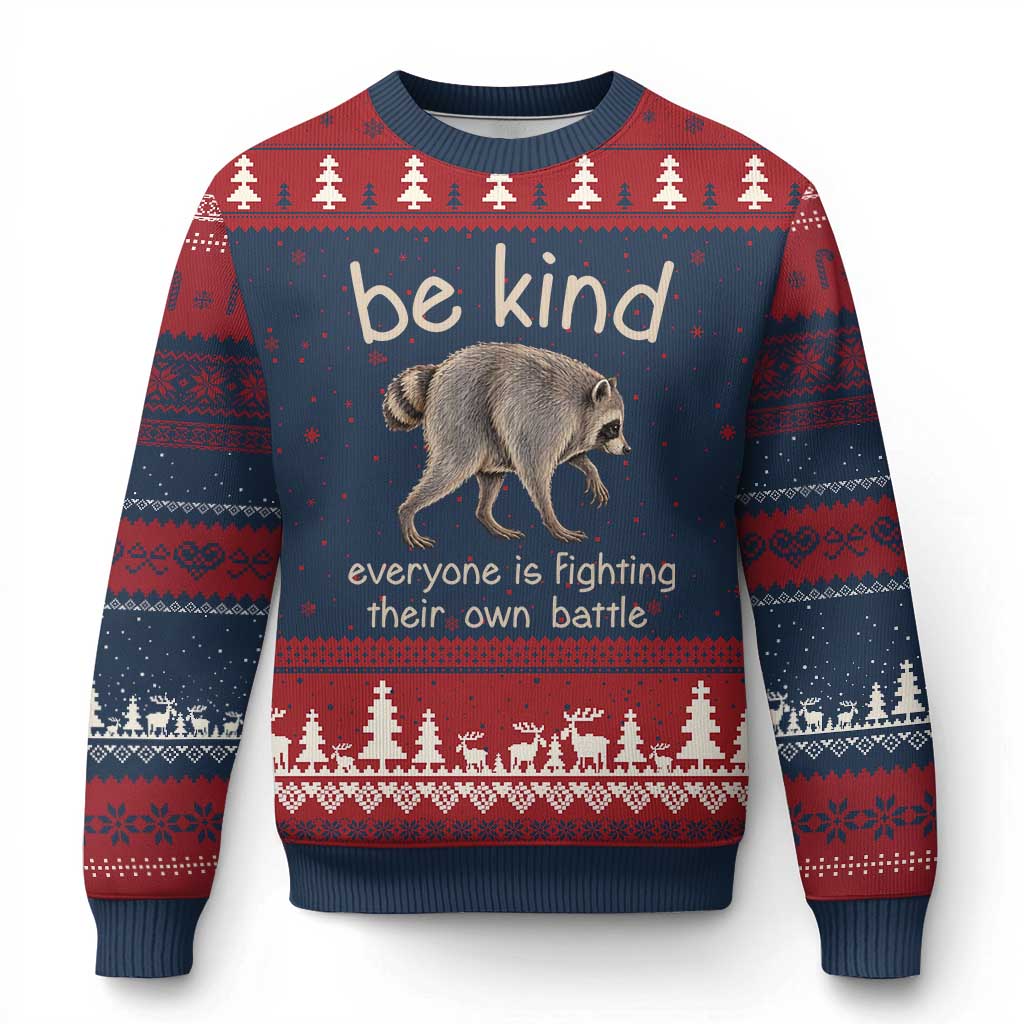 Jimothy the Raccoon Short Spine Inspirational Ugly Christmas Sweater Be Kind Everyone Is Fighting Their Own Battle Seattle Trash Panda Legend TS02 Navy Red Print Your Wear