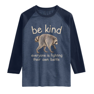 Jimothy the Raccoon Short Spine Inspirational Raglan Shirt Be Kind Everyone Is Fighting Their Own Battle Seattle Trash Panda Legend TS02 Heather Denim Navy Print Your Wear