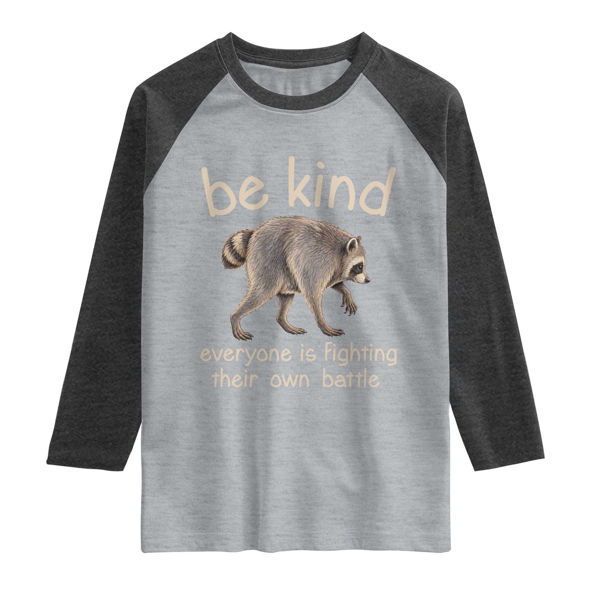 Jimothy the Raccoon Short Spine Inspirational Raglan Shirt Be Kind Everyone Is Fighting Their Own Battle Seattle Trash Panda Legend TS02 Heather Gray Heather Charcoal Print Your Wear