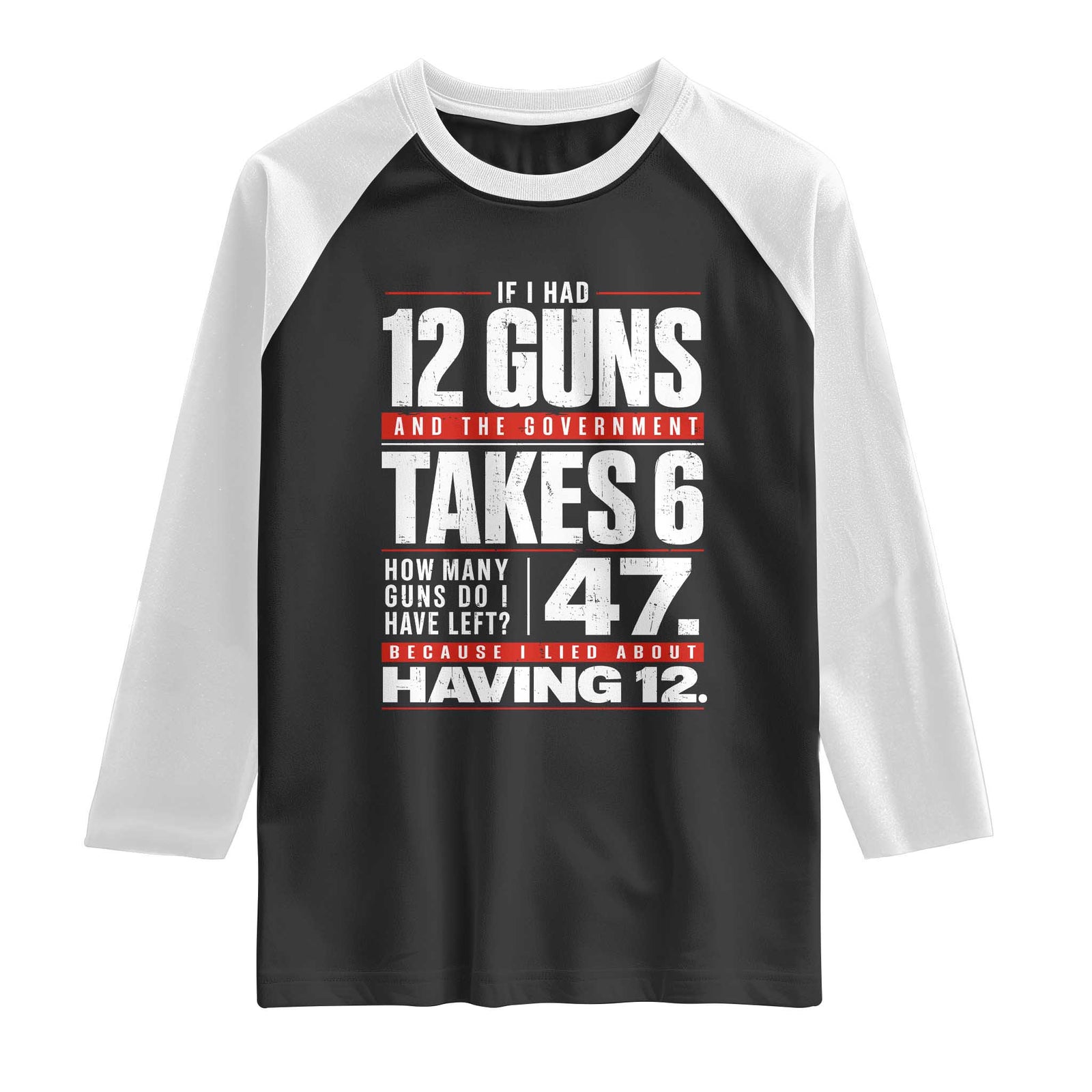 Funny 2A Math Word Problem Pro Gun Rights Raglan Shirt 47 Guns Left Because I Lied About Having 12 TS02 Black White Print Your Wear
