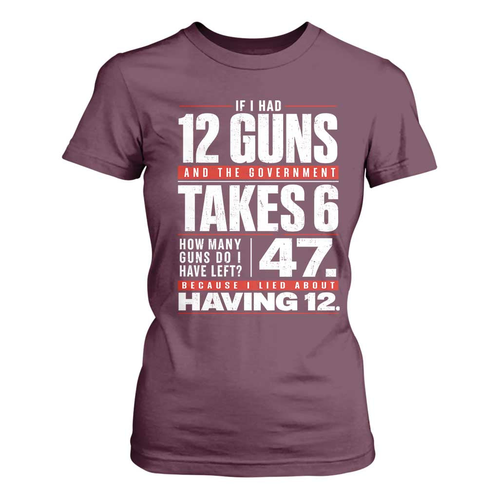 Funny 2A Math Word Problem Pro Gun Rights T Shirt For Women 47 Guns Left Because I Lied About Having 12