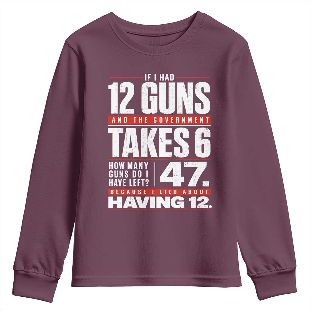 Funny 2A Math Word Problem Pro Gun Rights Youth Sweatshirt 47 Guns Left Because I Lied About Having 12