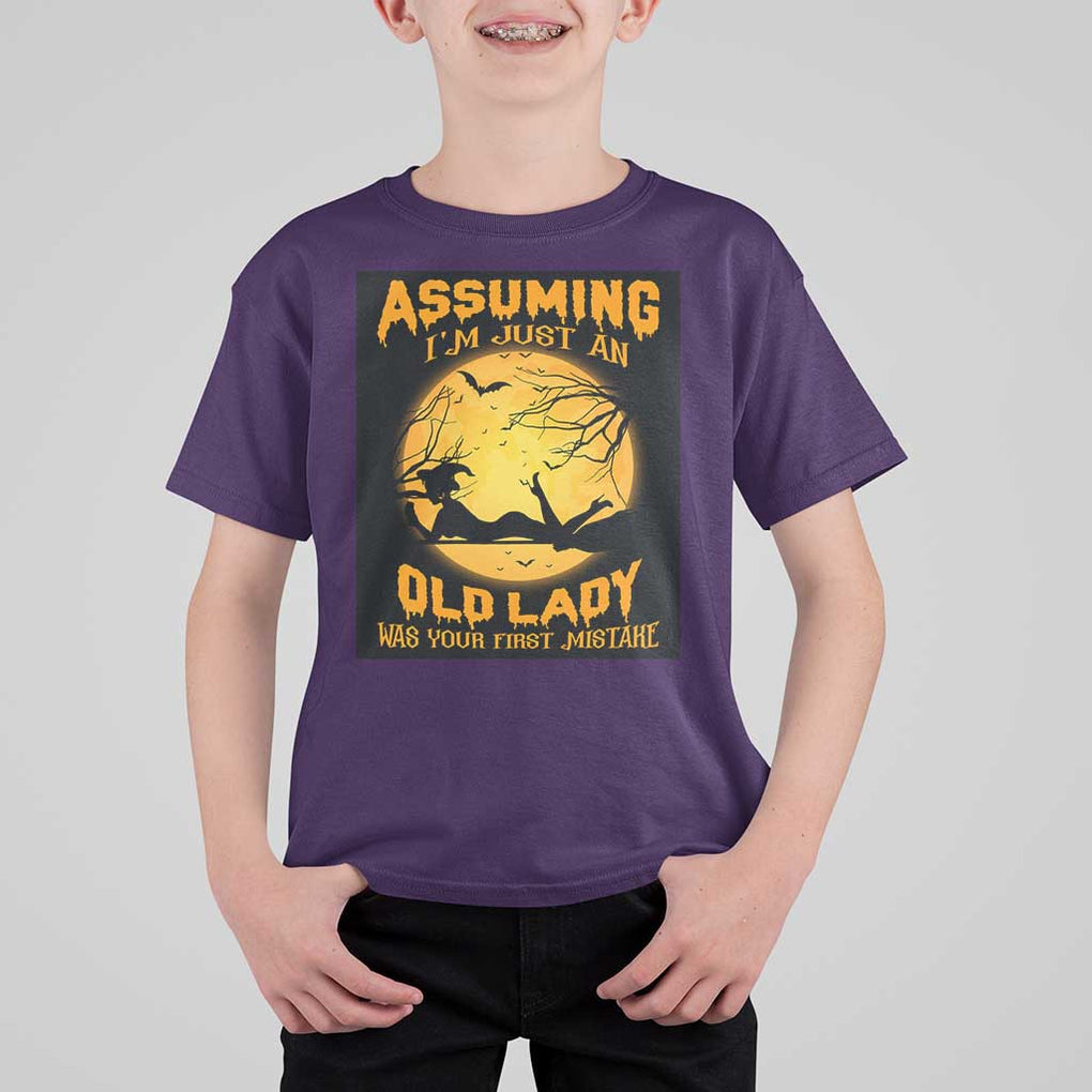 Halloween Witch T Shirt For Kid Assuming I'm Just An Old Lady Was Your First Mistake TS02 Purple Print Your Wear
