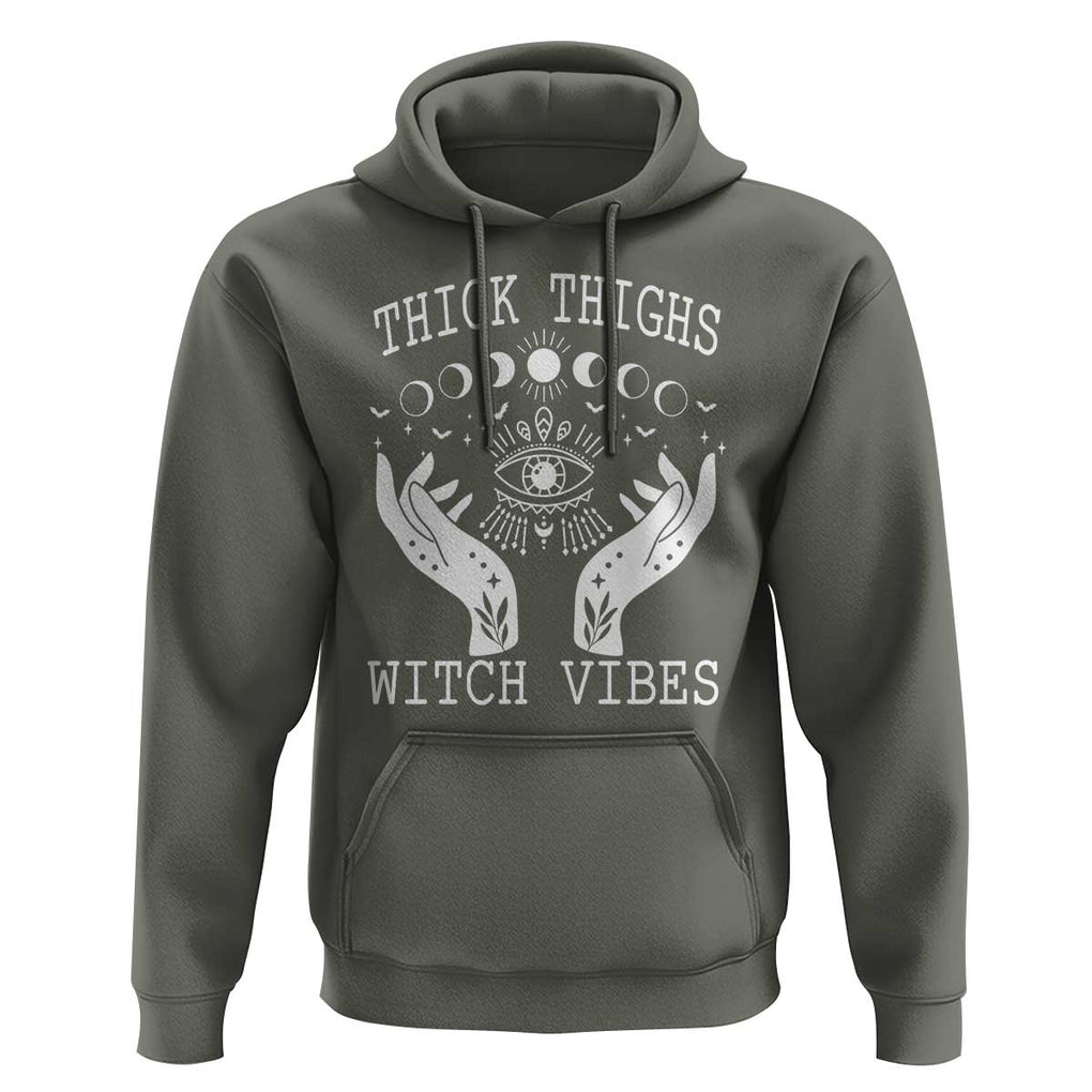 Thick Thighs Witch Vibes Celestial Witchcraft Moon Phases Hoodie TS02 Military Green Print Your Wear