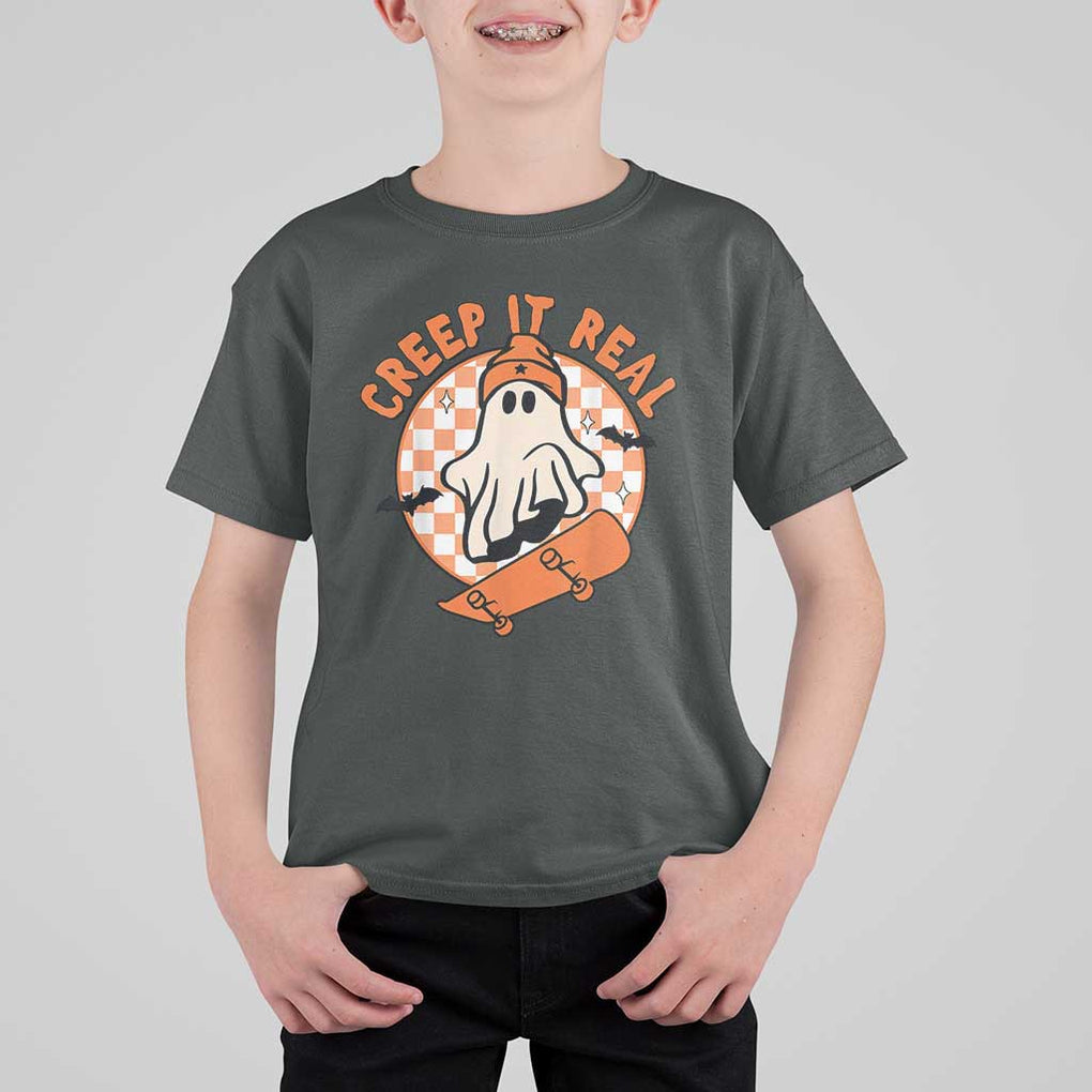 Halloween Skating Boo Sheet T Shirt For Kid Creep It Real Ghost Fall Season Retro Vintage TS02 Dark Heather Print Your Wear