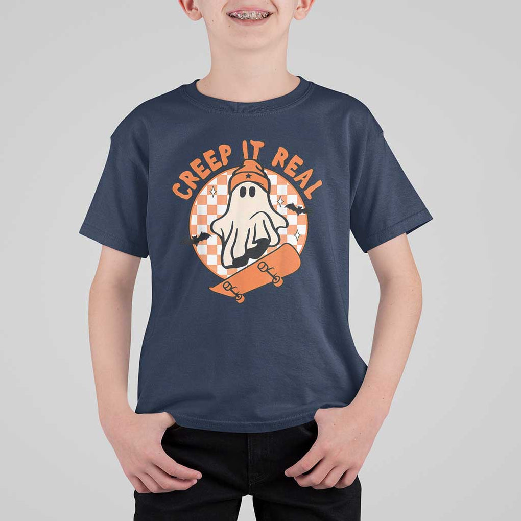 Halloween Skating Boo Sheet T Shirt For Kid Creep It Real Ghost Fall Season Retro Vintage TS02 Navy Print Your Wear