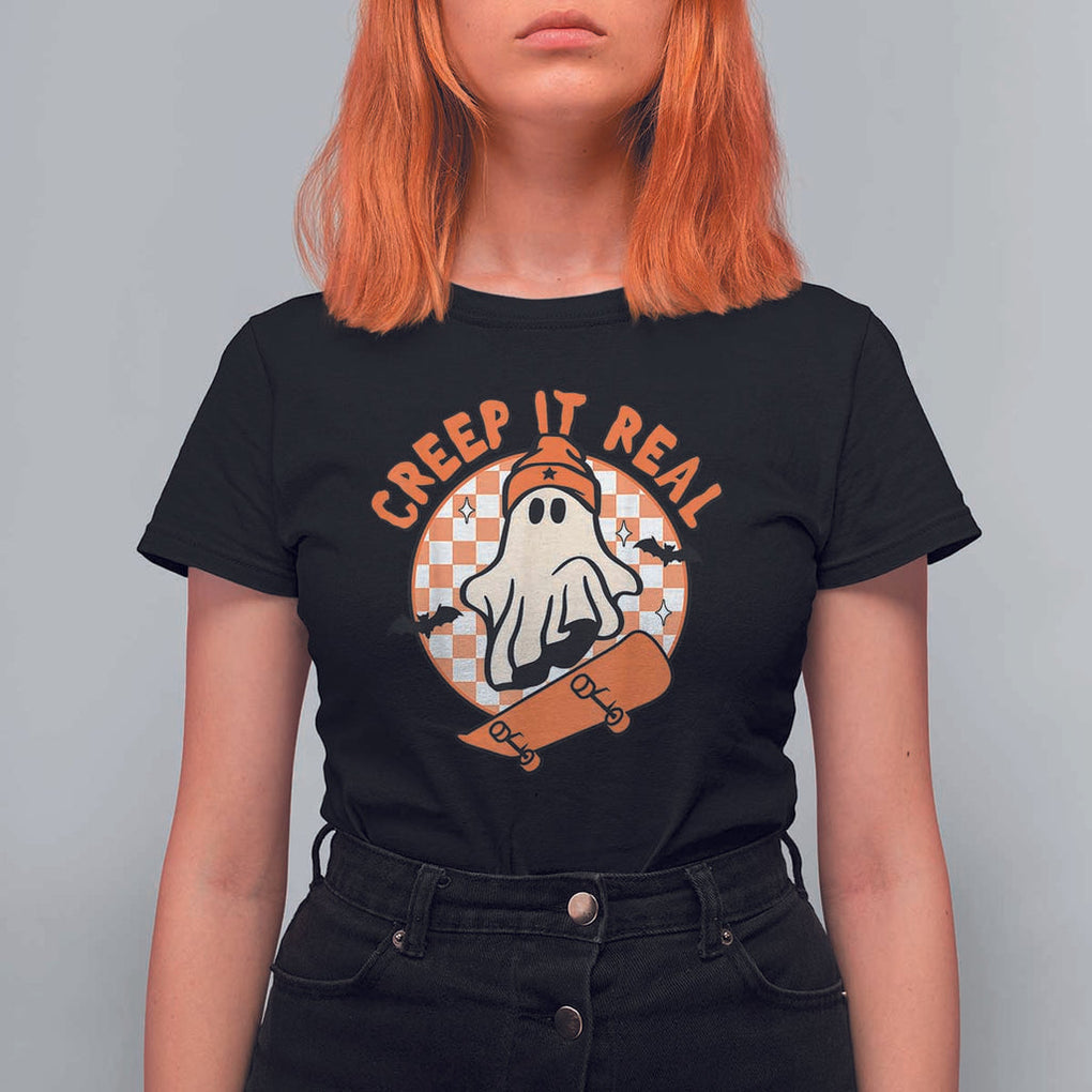 Halloween Skating Boo Sheet T Shirt For Women Creep It Real Ghost Fall Season Retro Vintage TS02 Black Print Your Wear