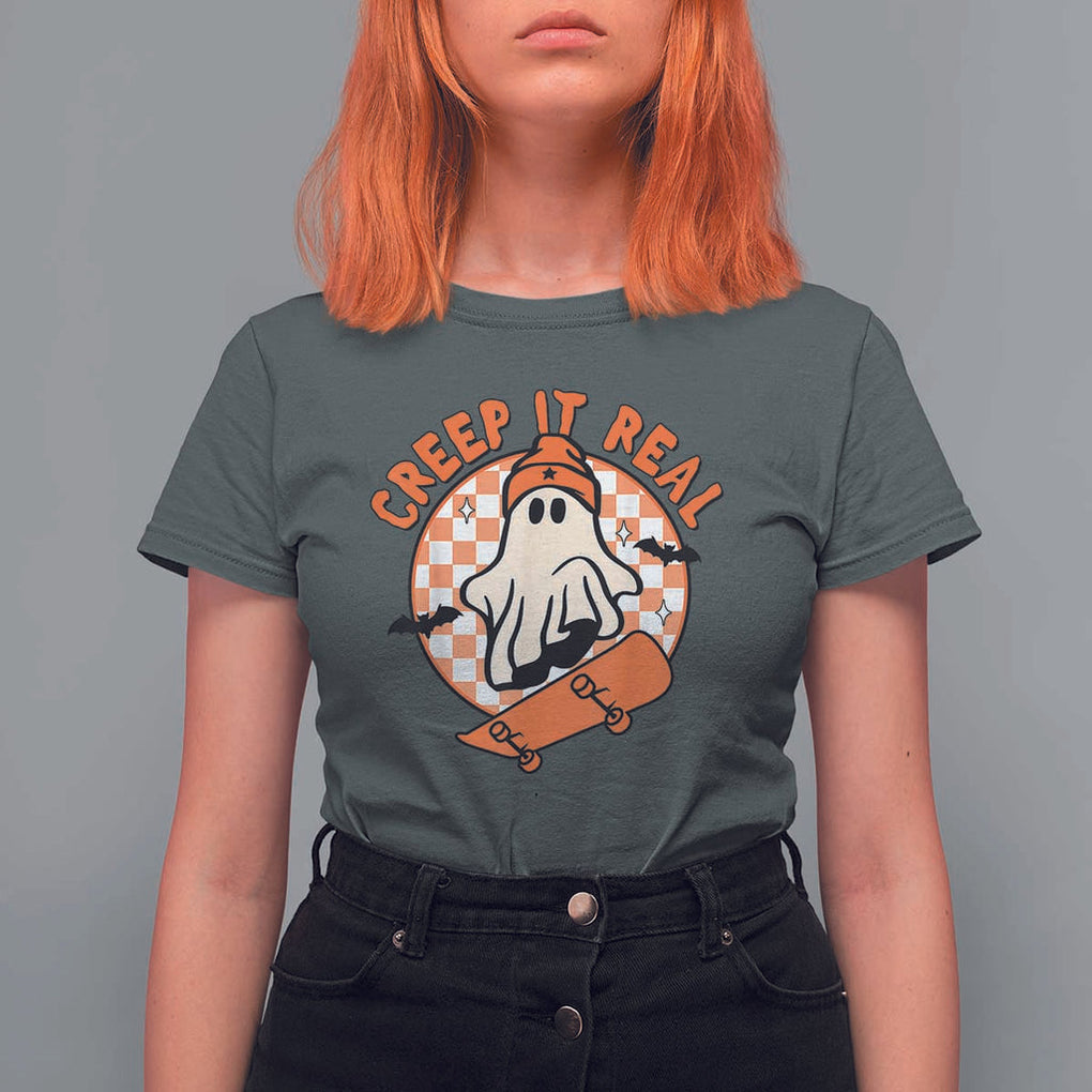Halloween Skating Boo Sheet T Shirt For Women Creep It Real Ghost Fall Season Retro Vintage TS02 Dark Heather Print Your Wear