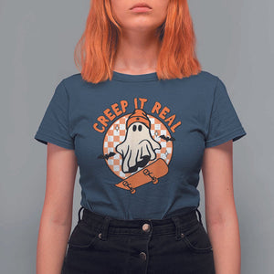 Halloween Skating Boo Sheet T Shirt For Women Creep It Real Ghost Fall Season Retro Vintage TS02 Navy Print Your Wear