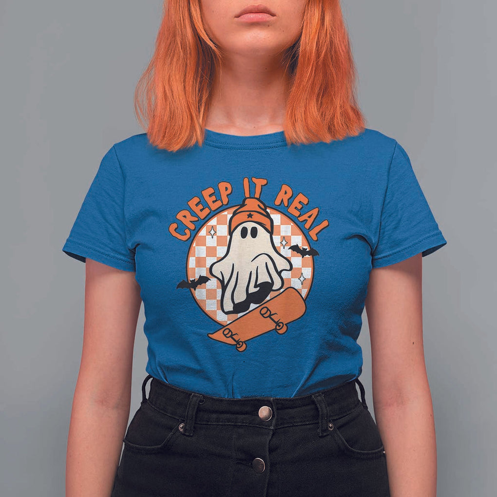 Halloween Skating Boo Sheet T Shirt For Women Creep It Real Ghost Fall Season Retro Vintage TS02 Royal Blue Print Your Wear