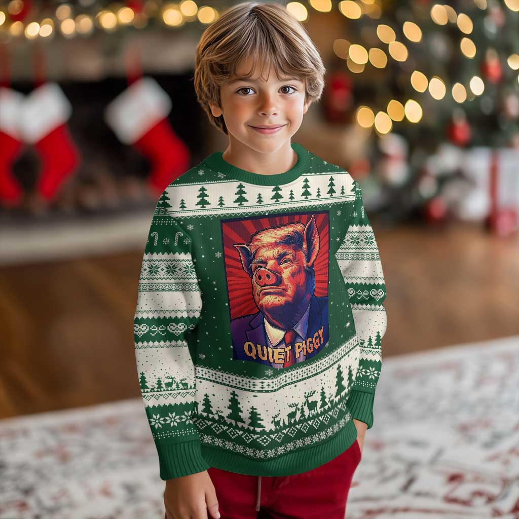 Quiet Piggy Sarcastic Trump Ugly Christmas Sweater Funny Pig Political Satire TS02 Forest Green Beige Print Your Wear