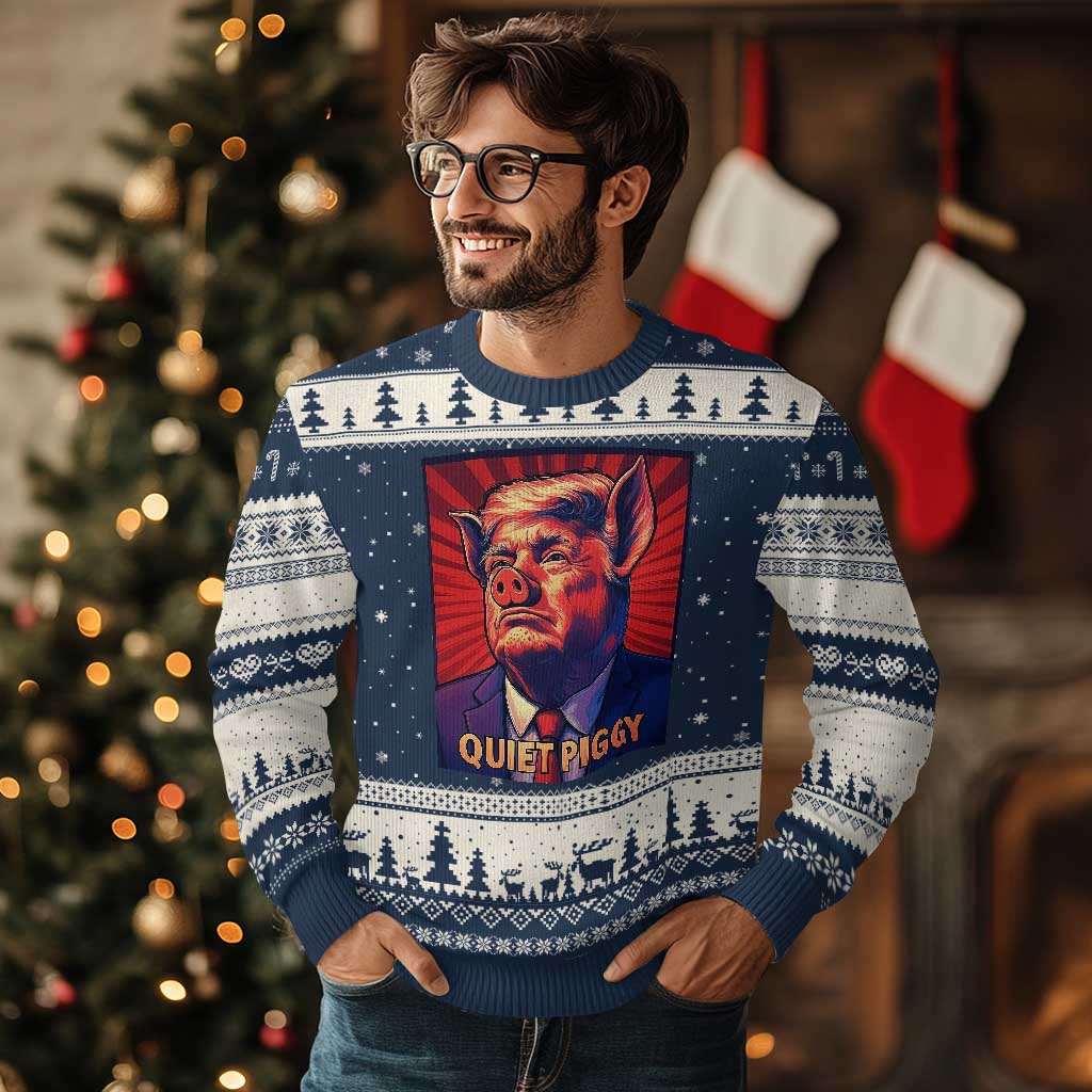 Quiet Piggy Sarcastic Trump Ugly Christmas Sweater Funny Pig Political Satire TS02 Navy Beige Print Your Wear
