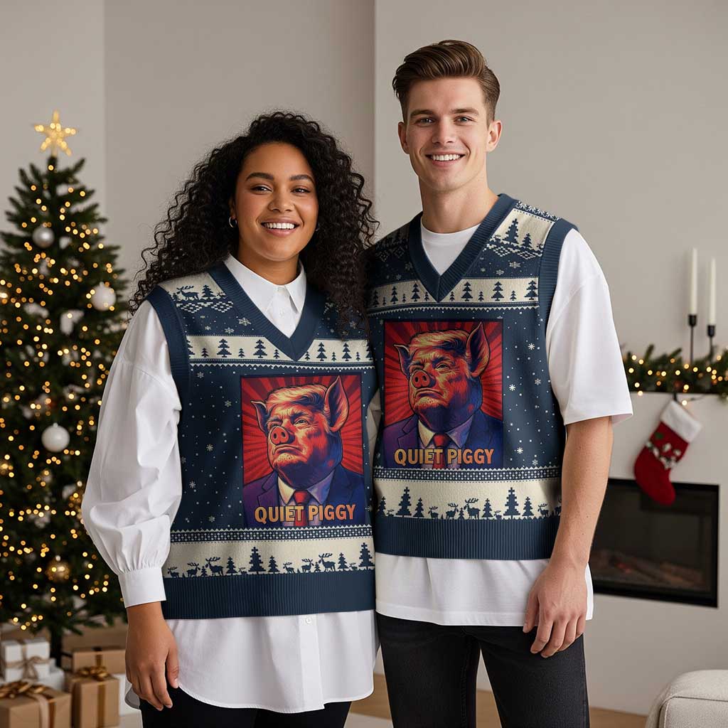 Quiet Piggy Sarcastic Trump V-Neck Knit Sweater Vest Funny Pig Political Satire TS02 Navy Beige Print Your Wear