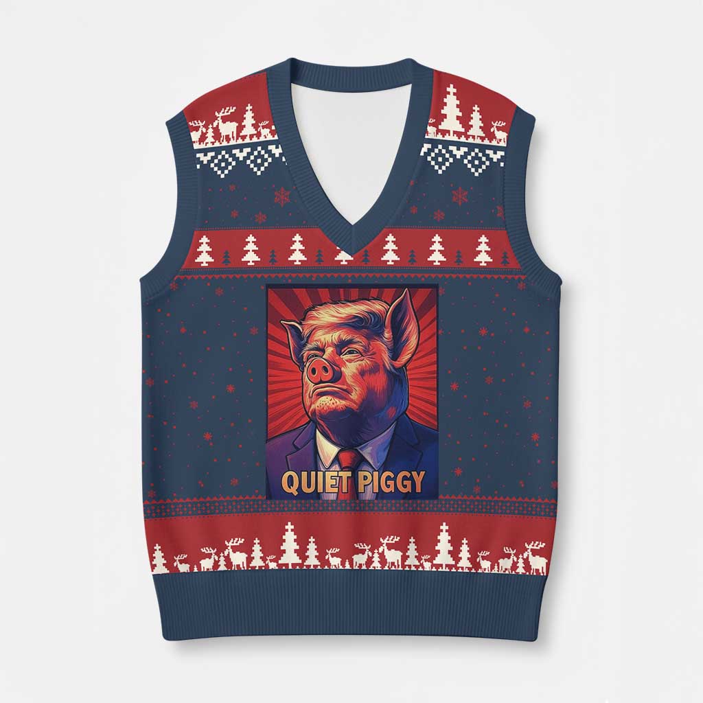 Quiet Piggy Sarcastic Trump V-Neck Knit Sweater Vest Funny Pig Political Satire TS02 Navy Red Print Your Wear