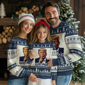 Quiet Piggy Shhh Trump Meme Ugly Christmas Sweater Funny Political Satire Free Speech TS02 Beige Navy Print Your Wear