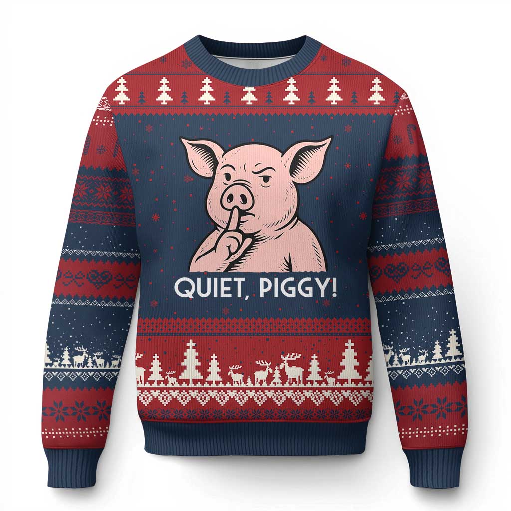 Quiet Piggy Funny Shushing Pig Ugly Christmas Sweater Funny Political Satire Cute Cartoon Animal Humor TS02 Navy Red Print Your Wear