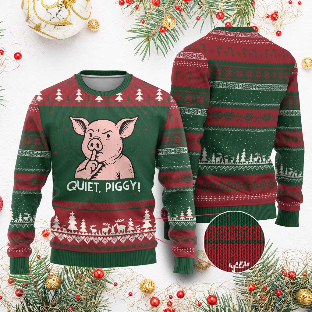 Quiet Piggy Funny Shushing Pig Ugly Christmas Sweater Funny Political Satire Cute Cartoon Animal Humor TS02 Red Green Print Your Wear