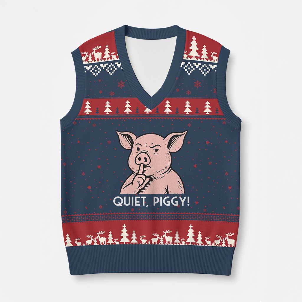 Quiet Piggy Funny Shushing Pig V-Neck Knit Sweater Vest Funny Political Satire Cute Cartoon Animal Humor TS02 Navy Red Print Your Wear