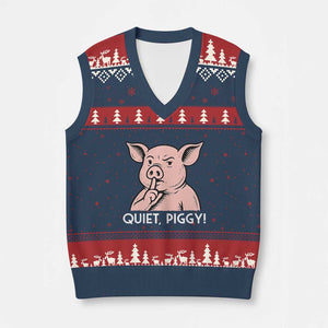 Quiet Piggy Funny Shushing Pig V-Neck Knit Sweater Vest Funny Political Satire Cute Cartoon Animal Humor TS02 Navy Red Print Your Wear