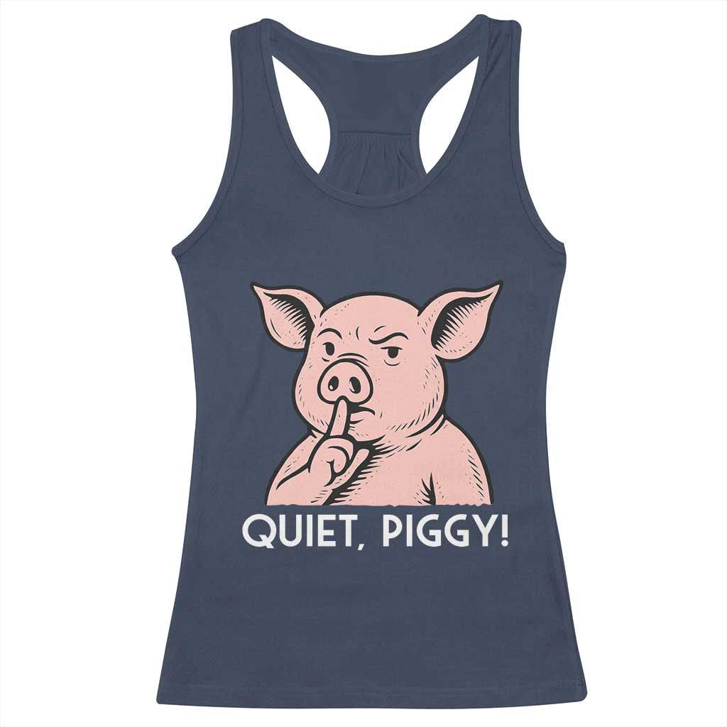 Quiet Piggy Funny Shushing Pig Racerback Tank Top Funny Political Satire Cute Cartoon Animal Humor TS02 Navy Print Your Wear