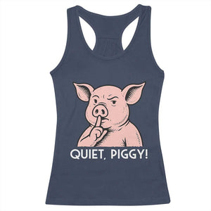 Quiet Piggy Funny Shushing Pig Racerback Tank Top Funny Political Satire Cute Cartoon Animal Humor TS02 Navy Print Your Wear