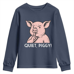Quiet Piggy Funny Shushing Pig Youth Sweatshirt Funny Political Satire Cute Cartoon Animal Humor TS02 Navy Print Your Wear