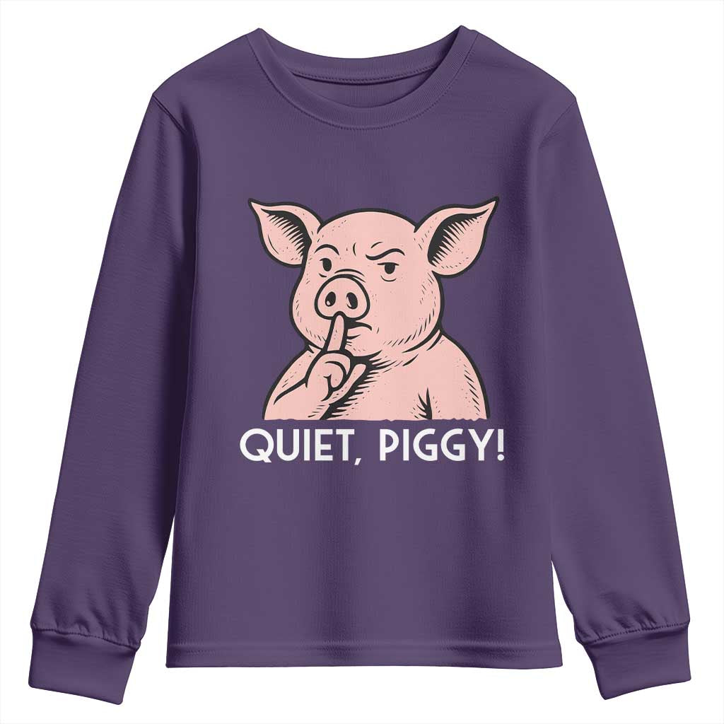 Quiet Piggy Funny Shushing Pig Youth Sweatshirt Funny Political Satire Cute Cartoon Animal Humor TS02 Purple Print Your Wear