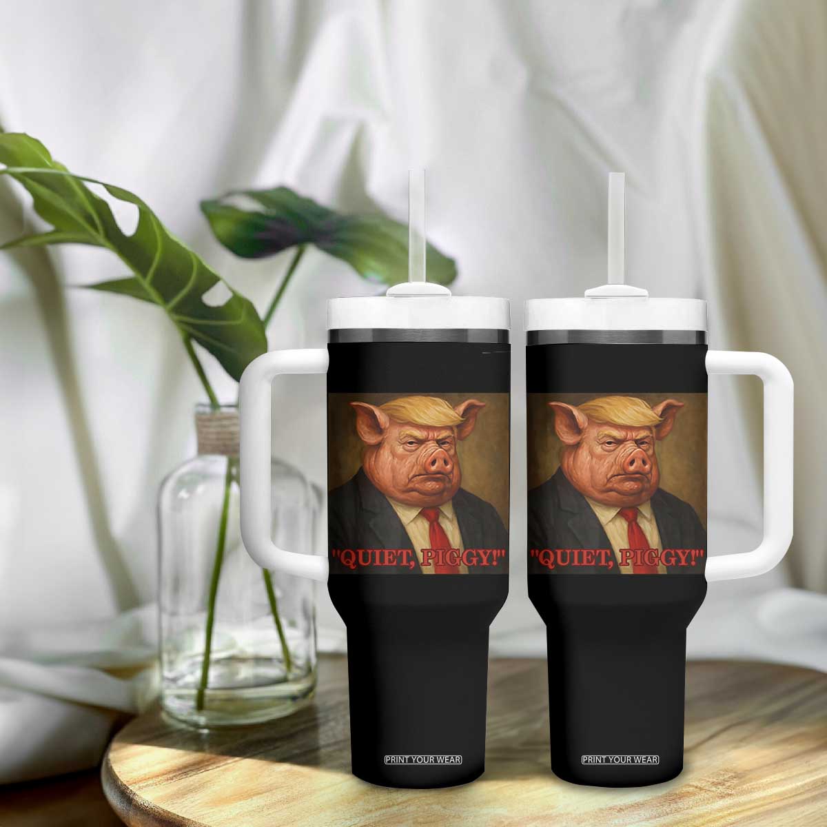Quiet Piggy Surreal Pig Trump Meme Tumbler With Handle Political Satire Parody TS02 Print Your Wear